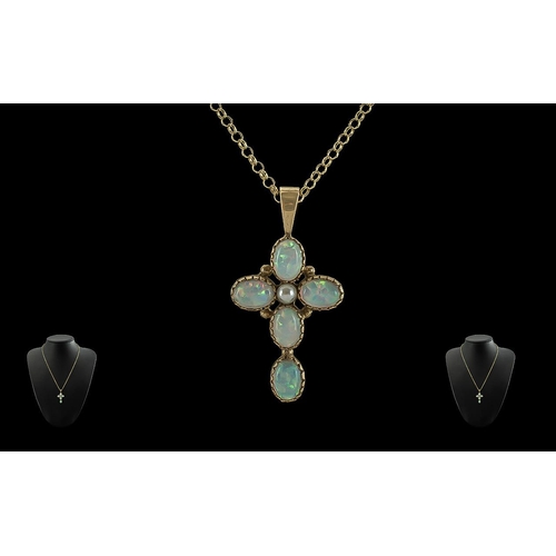 24A - Ladies - Excellent and Pleasing 9ct Gold and Opal Set Pendant - Cross, with attached 9ct gold chain,... 