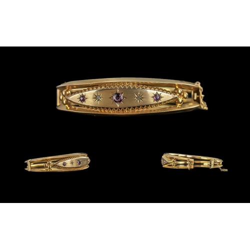 28A - Antique Period Ladies - Pleasing Quality 9ct Gold Ruby and Diamond Set Hinged Bangle, Pleasing Desig... 