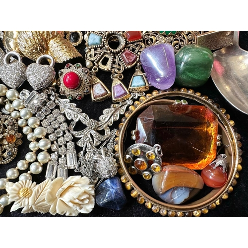 415A - Collection Of Costume Jewellery - To Include Brooches, Earrings, Necklaces Stones, A Spoon Etc...