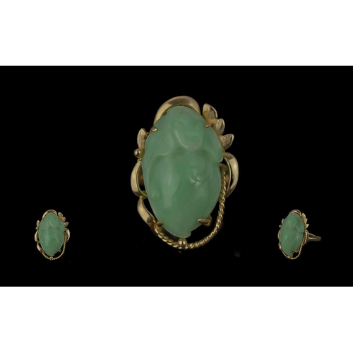 41A - Ladies 14ct Gold Single Stone Green Jade Ring. Marked 585 14k to Shank. Impressed Image of a Bats Fa... 