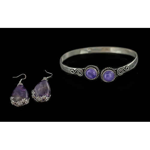 421 - Silver Amethyst Set Bangle & Earrings, large teardrop shaped earrings, bangle set with two stones.