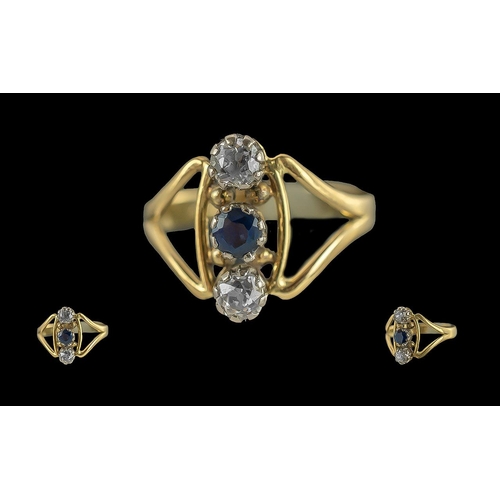 43 - 18ct gold - pleasing 3 stone diamond and sapphire set ring of pleasing design. marked 18ct to interi... 