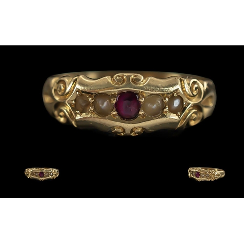 49A - Antique Period - Attractive Ladies 18ct Gold Pearl and Ruby Set Ring, fancy setting, full hallmark t... 