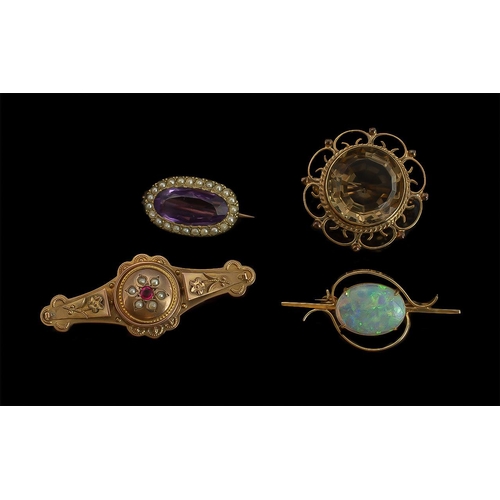 54A - Antique Period - A Collection of Small Gem Set Brooches - Set In 9ct and 14ct Gold. Comprises 1/ 14c... 