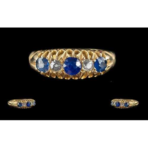 55 - Edwardian Period Ladies 18ct Gold 5 Stone Diamond And Sapphire Set Ring - Gallery Setting. Full Hall... 