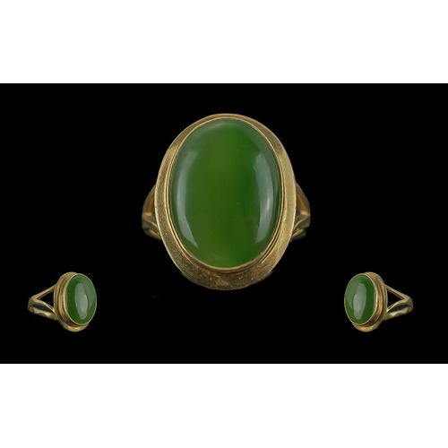 55A - Antique Period 18ct Gold Single Stone Cabochon Cut Spinach Jade Set Ring. Gold Marks to Interior of ... 