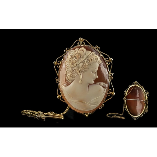 56A - Antique Period Large And Impressive 9ct Gold Ornate Open-Worked Mounted Shell Cameo Set Brooch With ... 