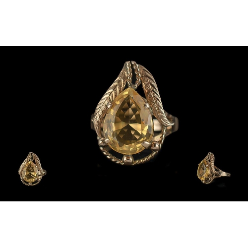 60A - Ladies - 14ct Gold Single Stone Citrine Set Dress Ring, Naturalistic Design. The Faceted Large Pear ... 