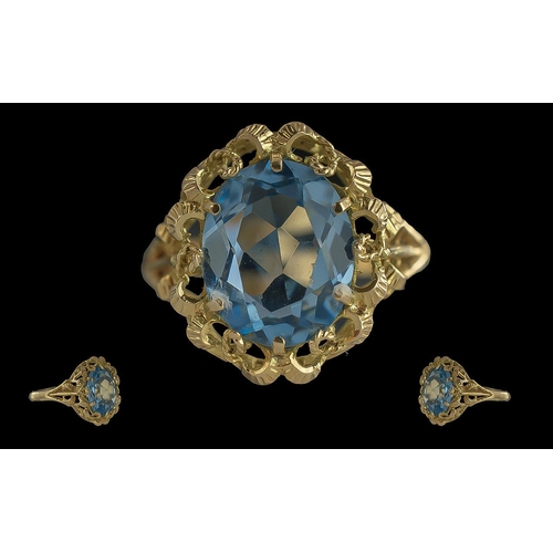 68A - Ladies 14ct Gold Single Blue Stone Set Ring, Ornate Open worked Setting, Not Marked but tests 14ct G... 