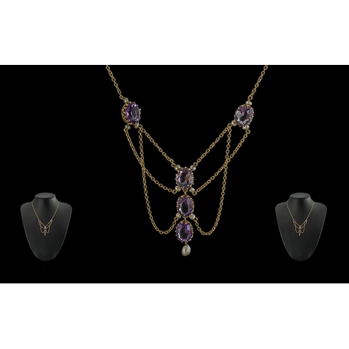 69A - Edwardian Period 1901- 1910 Attractive 9ct Gold Seed Pearl and Amethyst Set Necklace, Pleasing desig... 