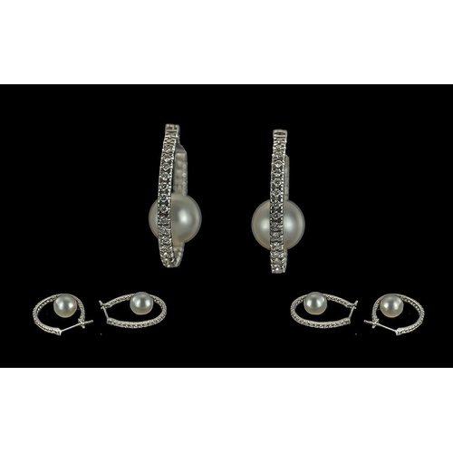 76A - Ladies Fine Pair of 18ct White Gold Hoop Earrings, Each Set with Cultured Pearl and Diamonds, Diamon... 