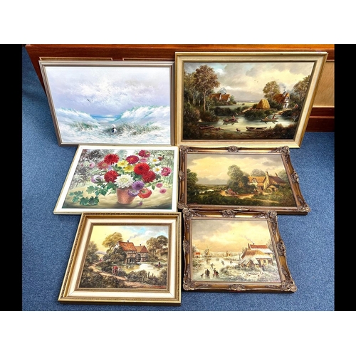 982 - Collection of Six Oil on Canvas Paintings, mid to late 20th Century, mostly landscapes.  All framed,... 