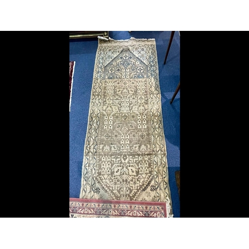 1037 - Wool Rug/Runner, beige background, border design, small fringe, measures 47'' wide x 128'' long.