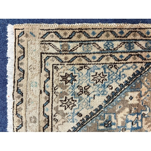 1037 - Wool Rug/Runner, beige background, border design, small fringe, measures 47'' wide x 128'' long.