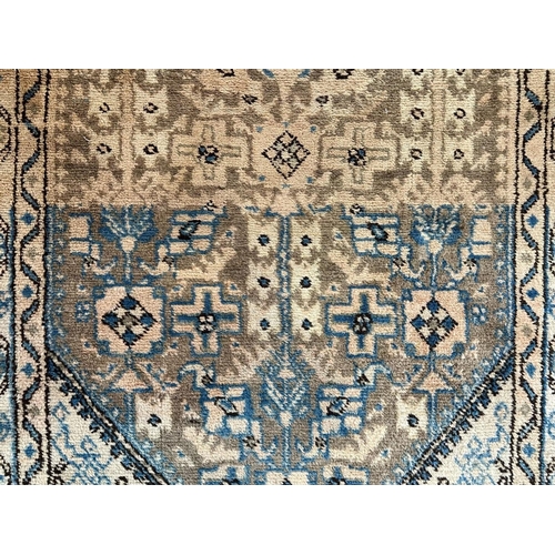 1037 - Wool Rug/Runner, beige background, border design, small fringe, measures 47'' wide x 128'' long.