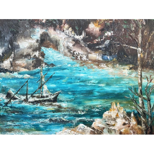 906 - Large Oil on Canvas Painting depicting a colourful scene of a  ship on the sea at night.  Measures 2... 