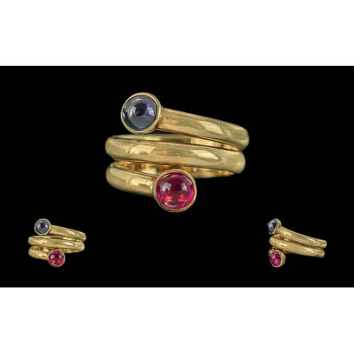 15 - 18ct Gold Pleasing Quality and Heavy Snake Style / Ruby and Sapphire Set Ring. Marked 750 - 18ct to ... 