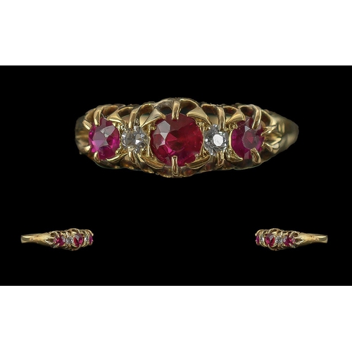 16A - Edwardian Period 1902 - 1910 Excellent 18ct Gold Ruby and Diamond Set Ring, Gallery Setting. Marked ... 