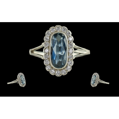 17 - Edwardian Period 18ct White Gold - Excellent Quality Aquamarine and Diamond Set Cluster Ring, Marked... 