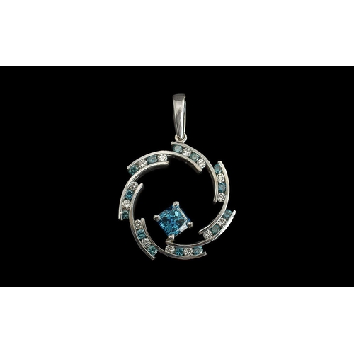 18A - A Fine Ladies 18ct White Gold Blue Diamond Set Pendant, Of Circular Form With Round Brilliant Cut & ... 