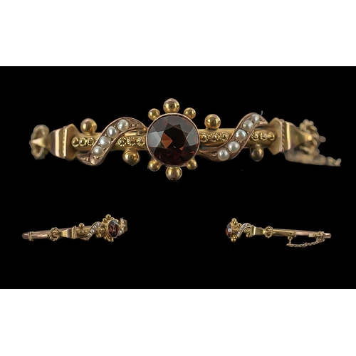 23A - Victorian Period - Pleasing Quality 9ct Gold Garnet and Seed Pearl Set Ornate Well Made Hinged Bangl... 