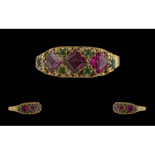 24 - Antique Period Ladies 15ct Gold Ruby and Emerald Set Ring, Full Hallmark for Birmingham 1880's, 625 ... 