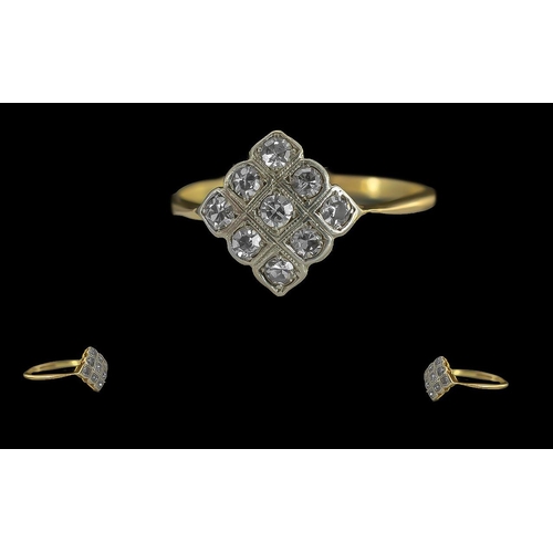 25A - Antique 18ct Gold - Petite Diamond Set Cluster Ring, Pleasing Design. Marked 18ct To Interior of Sha... 