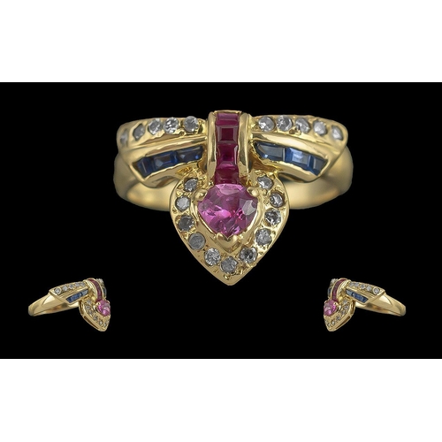 27A - Ladies 14ct Gold Gem Set Snake Head Ring, Set with Rubies / Sapphires and Old Cut Diamond, All of Go... 