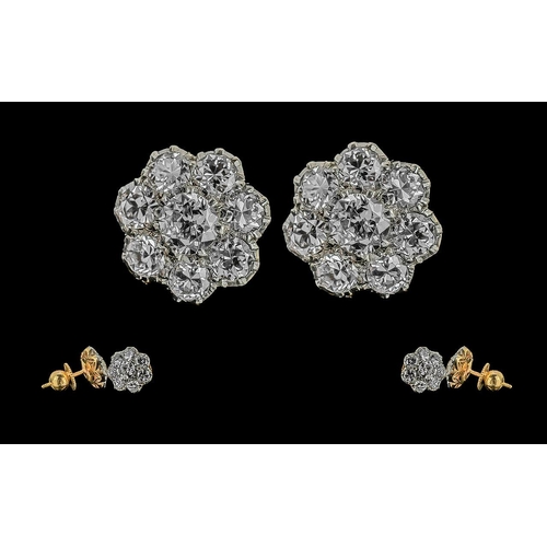 28 - Antique Period Ladies Pair of Diamond Set Cluster Earrings. Marked 18ct - 750. The Round Old Brillia... 