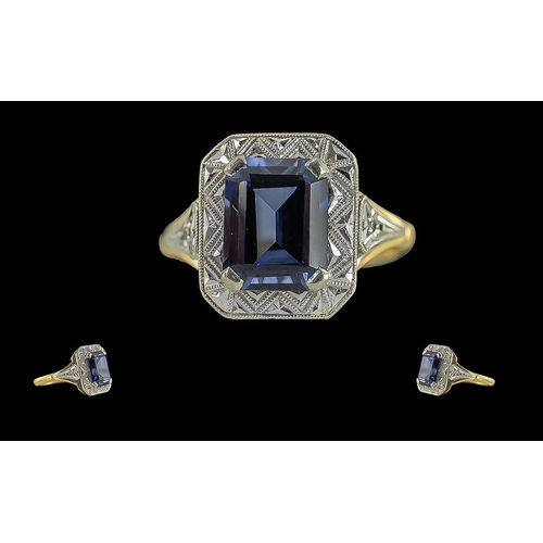 30 - Antique Period Ladies Attractive Platinum and 10ct Gold Single Stone Blue Faceted Sapphire Set Ring,... 