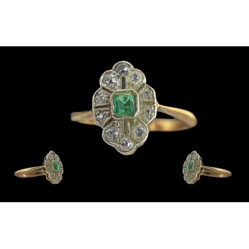 35A - Edwardian Period 1902 - 1910 Petite 18ct Gold Emerald and Diamond Set Ring. Marked 18ct and Platinum... 