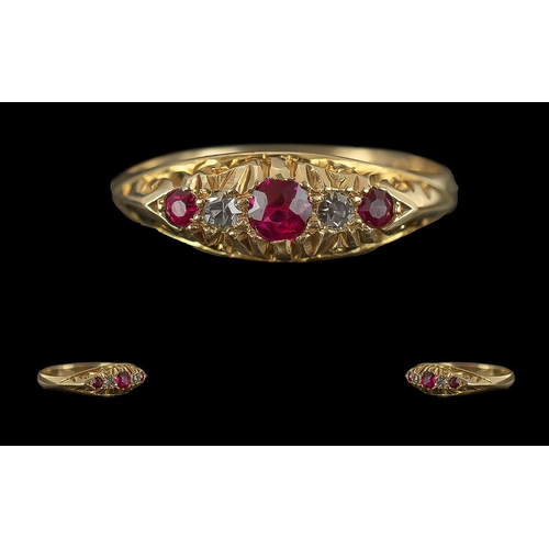 39A - 18ct Gold Pleasing Ruby and Diamond Set Ring, Raised Open Work Setting. Full Hallmark for Birmingham... 