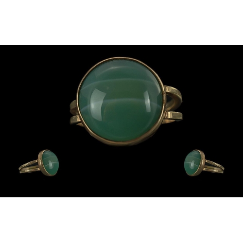 43A - Ladies - Fine 9ct Gold Single Stone Cabochon Green - Banded Agate Set Ring. Full Hallmark to Interio... 