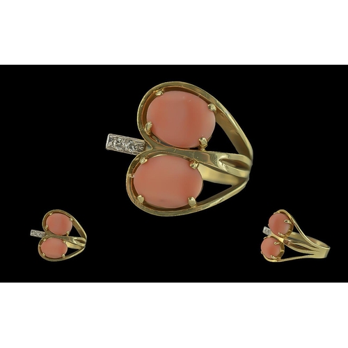 51 - Ladies 14ct Gold Coral and Diamond Set Dress Ring, Unusual Design. Marked 14ct to Shank. The Two Wel... 