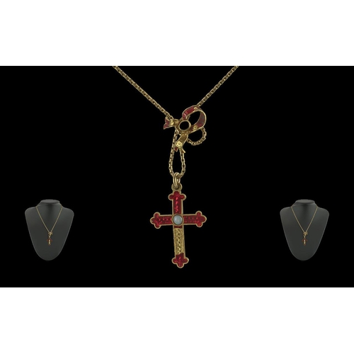 52A - 1920's Ladies 18ct Gold Enamel and Gem Set Cross and Chain. With Gem Set Adjustable Ribbon, Part of ... 