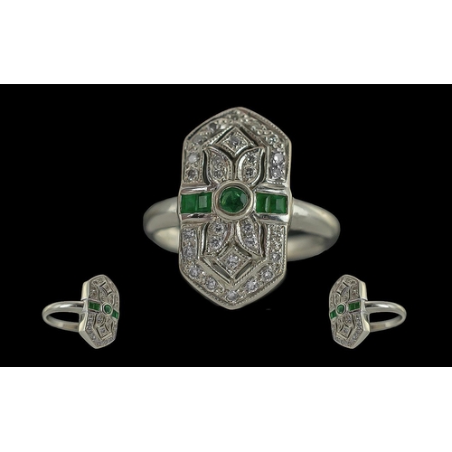 58A - 18ct White Gold Pleasing Art Deco Style Diamond and Emerald Set Dress Ring. Diamonds and Emeralds of... 