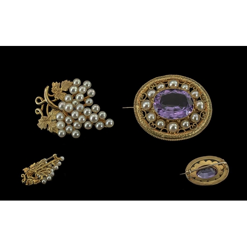 66 - Antique Period Excellent Pair of Pearl and Gem Set Brooches ( 2 ) Both Marked for 9ct and Pleasing Q... 