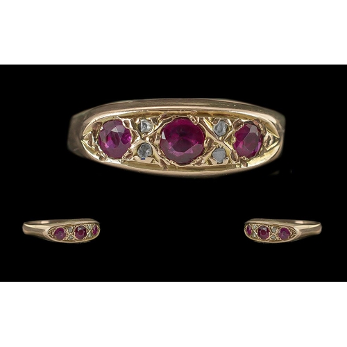 66A - Antique Period Attractive 9ct Gold Ruby and Diamond Set Ring, Full Hallmark to Interior of Shank. TH... 