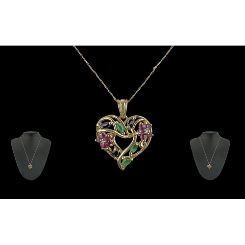 73A - Ladies Attractive 10ct Gold Gem Set Heart Shaped Open Worked Pendant - Attached to 9ct Gold Chain, S... 