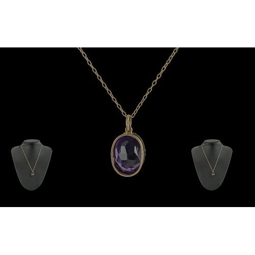 85A - Ladies 1920's 9ct Gold Large Amethyst Set Pendant Drop, with Attached 9ct Gold Chain. Both Marked fo... 