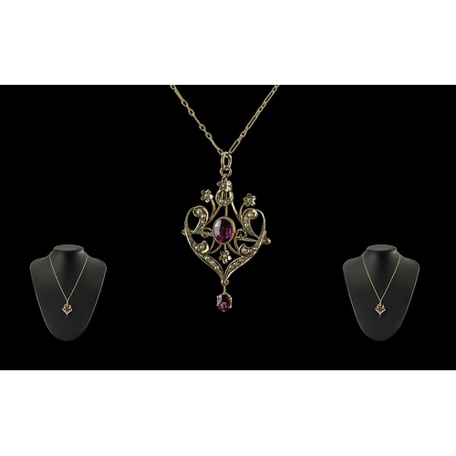 86 - Edwardian Period - Pleasing 9ct Gold Open worked Garnet and Seed Pearl Set Pendant with Drop, Attach... 