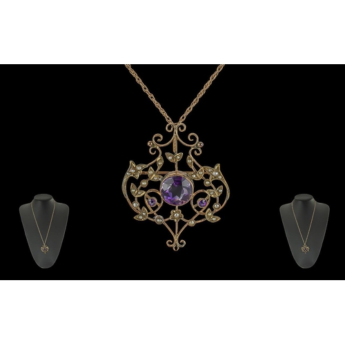 90 - Antique Period - Ladies 9ct Gold Open worked Pendant Brooch, Set with Seed Pearls and Amethysts, Att... 