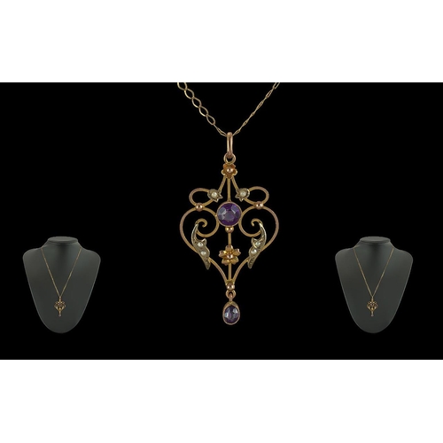 90A - Edwardian Period 1902 - 1910 9ct Gold Open Worked Gem Set Pendant with Attached 9ct Gold Fancy Chain... 