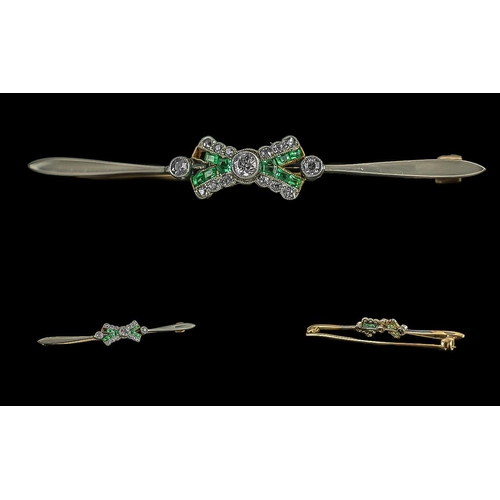 91 - Art Deco 1930's Ribbon and Bow Design Excellent 18ct Gold and Platinum Diamond and Emerald Set Brooc... 