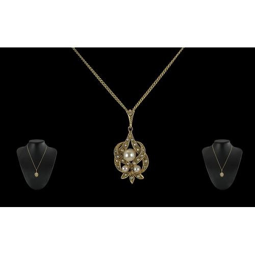 97 - Ladies - Attractive 9ct Gold Pearl Set Open-worked Pendant, Attached to a 9ct Gold Chain. Both Penda... 