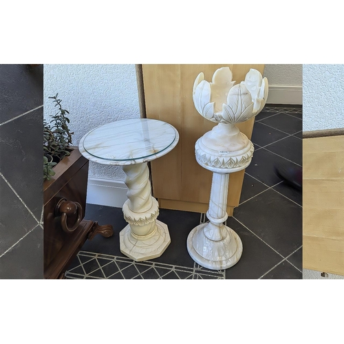 1039 - Two Solid Alabaster Columns, of turned design, suitable for plant stands, table, etc.  Both approx. ... 