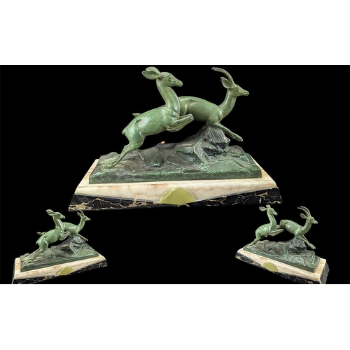 1100 - After H Molins, Bronze With Verde Green Patina Art Deco Pair of Leaping Gazelle On A Marble Base. Le... 