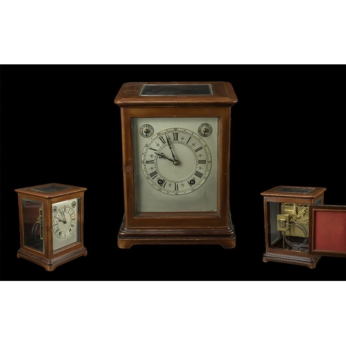 1102 - Antique Mantle Clock, silvered dial, Roman numerals, glazed top and sides.  Striking movement, made ... 