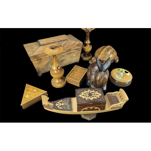 1201 - Box of Wooden Items, including a lidded caddy, wooden candlesticks, tortoise, rabbit, inlaid boxes, ... 