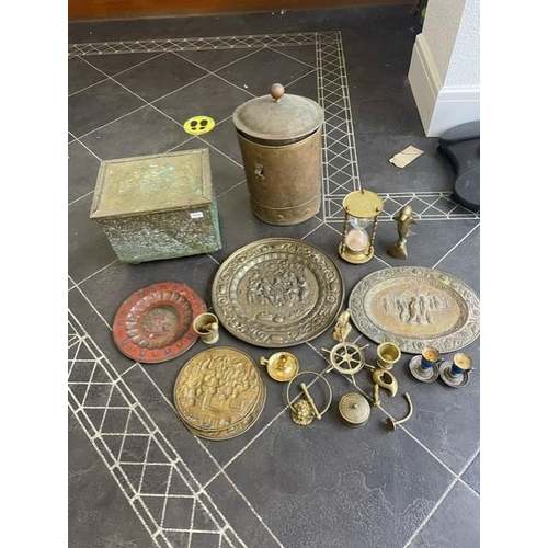 1238 - Box of Brass Ware, including square lidded box 11'' x 13.5'',   circular chargers, a large lidded st... 